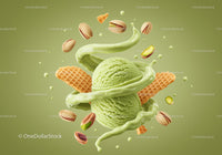 Green Pistachio Ice Cream Scoop with Wafers and Nuts