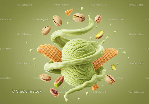 Green Pistachio Ice Cream Scoop with Wafers and Nuts