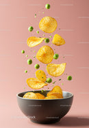 Crispy potato chips and green peas falling into bowl