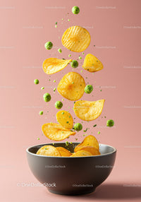 Crispy potato chips and green peas falling into bowl