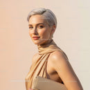 Elegant Woman with Silver Hair Wearing Beige Scarf in Outdoor Setting