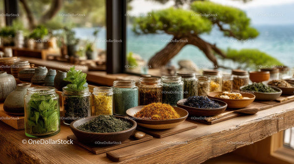 Herb and Spice Display at Seaside Market with Ocean View