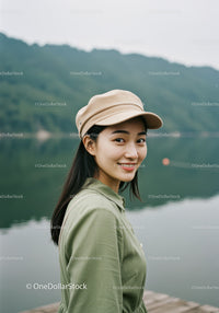 Young Woman in Green Dress Wearing Beige Cap Near Lake Landscape