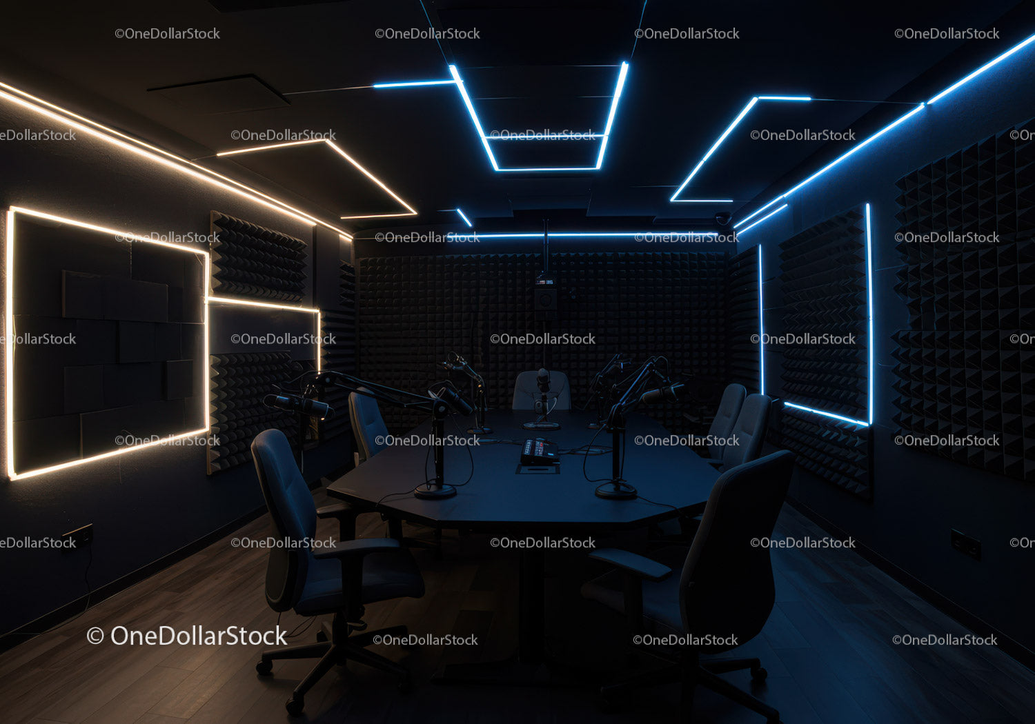 Futuristic Conference Room with Neon LED Lighting and Dark Decor