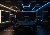 Futuristic Conference Room with Neon LED Lighting and Dark Decor