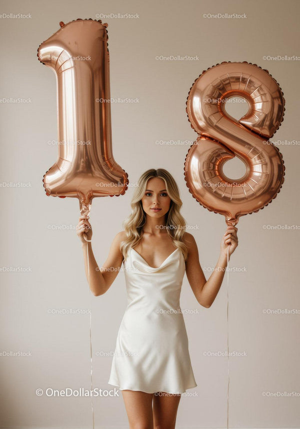 Young woman celebrating eighteenth birthday with balloons