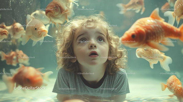 Curious Child Surrounded By Orange Goldfish