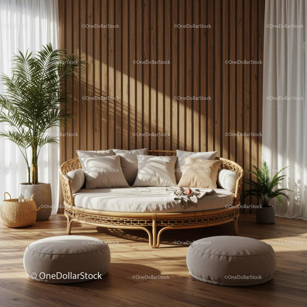 Cozy rattan sofa with cushions in sunlit living room