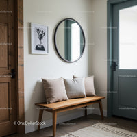Stylish Minimalist Entryway with Wooden Bench and Large Mirror