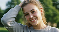 Smiling Young Woman in Casual Clothing Outdoors in Sunlight