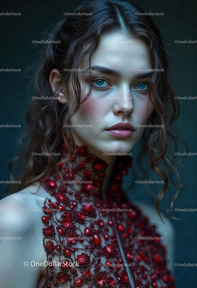Elegant Woman with Wavy Hair in Red Jewelry and Dress