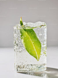 Fresh green leaf frozen inside a clear ice cube