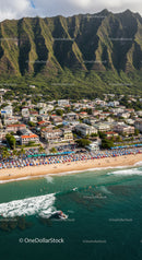 Scenic Coastline with Beachfront Resort and Mountain Background