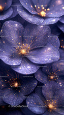 Glistening Blue Flowers with Golden Sparkles in an Abstract Artistic Scene