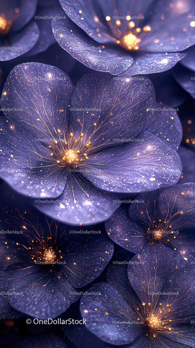 Glistening Blue Flowers with Golden Sparkles in an Abstract Artistic Scene