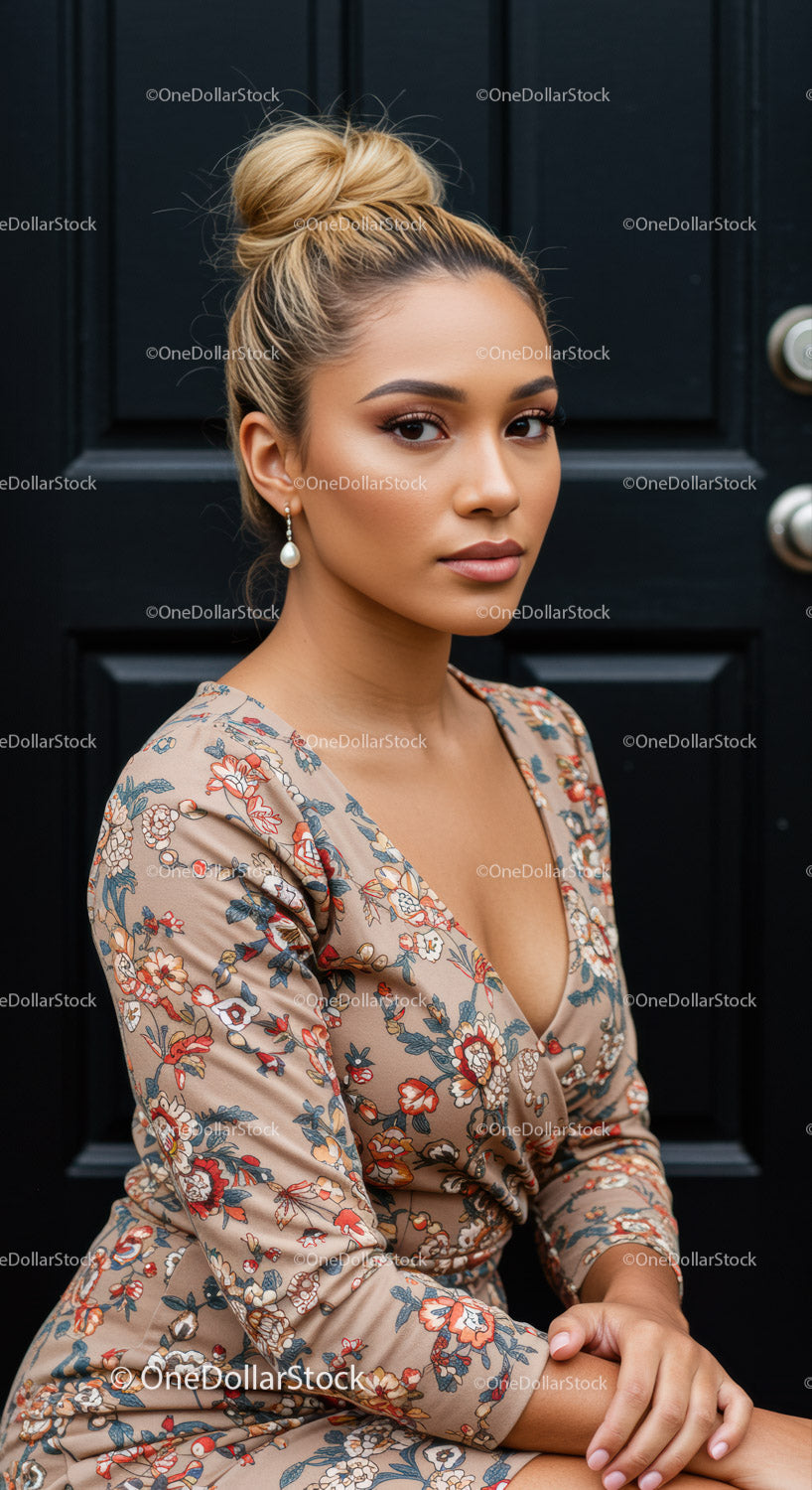 Young woman with elegant bun and floral dress outdoors