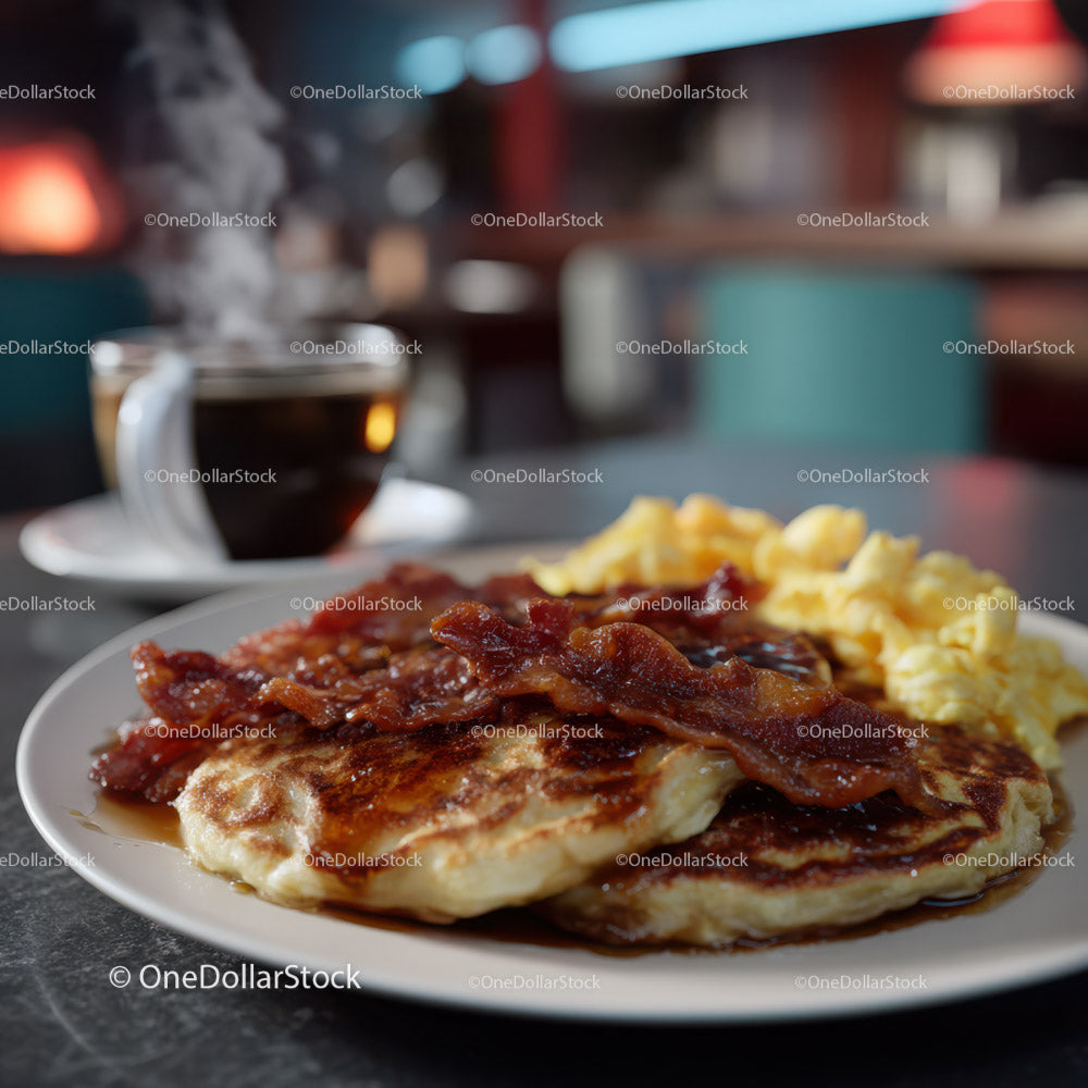 Steaming Breakfast Plate with Pork Schnitzel Bacon and Mashed Potatoes