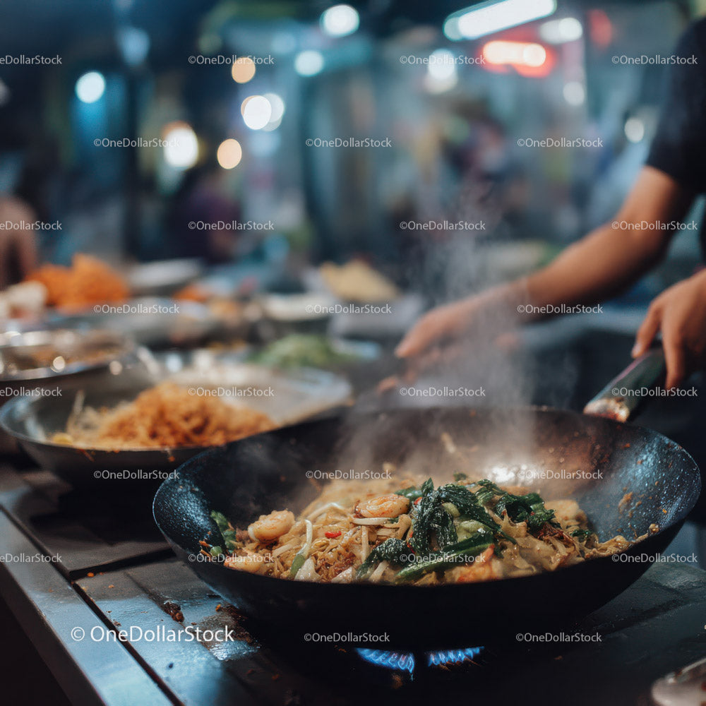 Street Food Seafood Stir-Fry at Night Market with Steam