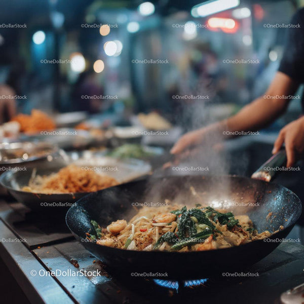 Street Food z Owocami Morza na Nocnym Targu z Parą