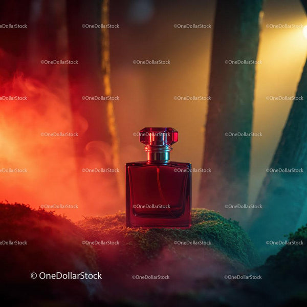 Red Perfume Bottle in a Mystical Forest Scene JPG Mockup Image