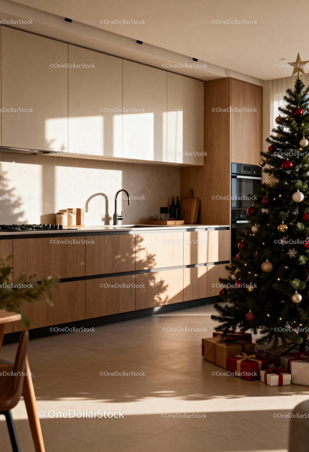 Sunlit modern kitchen with decorated Christmas tree