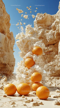 Vibrant oranges in mid-air splash against rocky desert backdrop