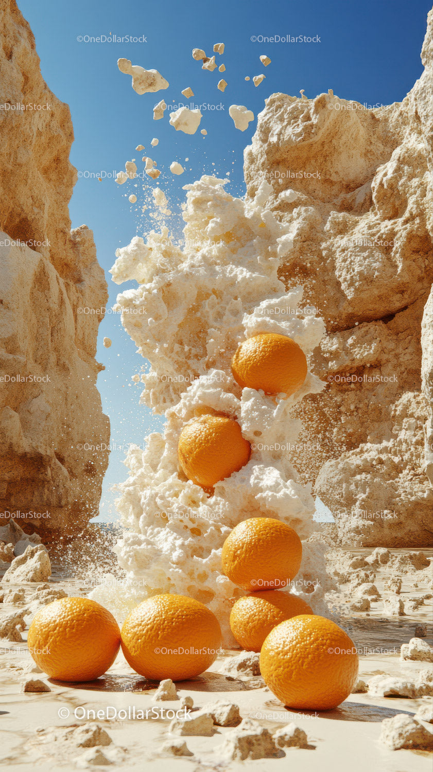 Vibrant oranges in mid-air splash against rocky desert backdrop