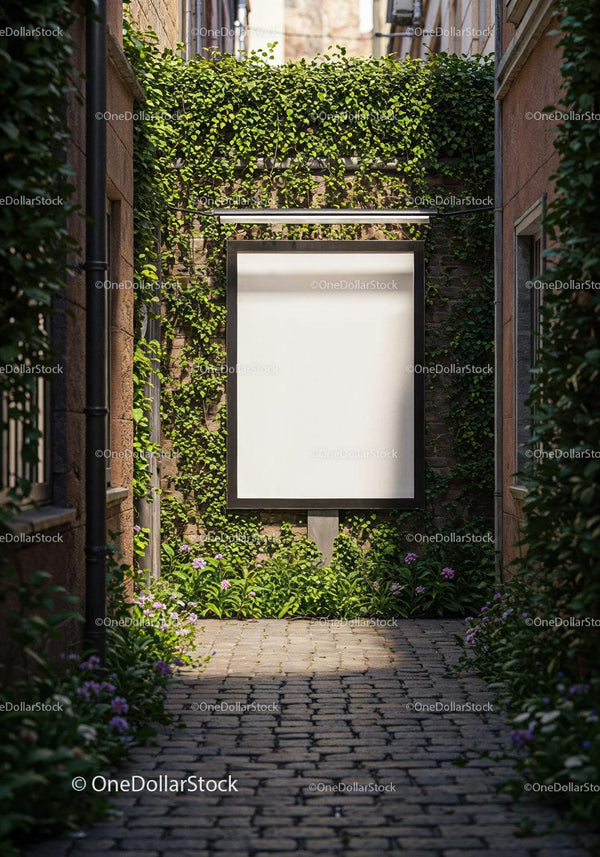 Blank billboard framed by ivy in quaint alleyway JPG Mockup Image