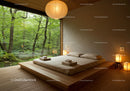 Minimalist bedroom with forest view and warm lighting