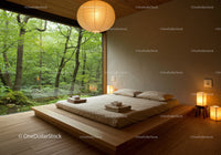 Minimalist bedroom with forest view and warm lighting