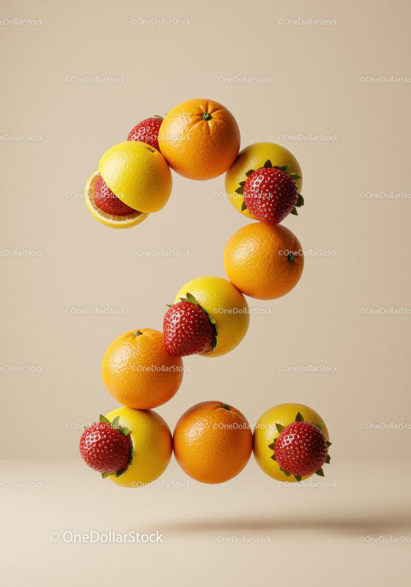 Number Two Composed of Fresh Citrus and Strawberries