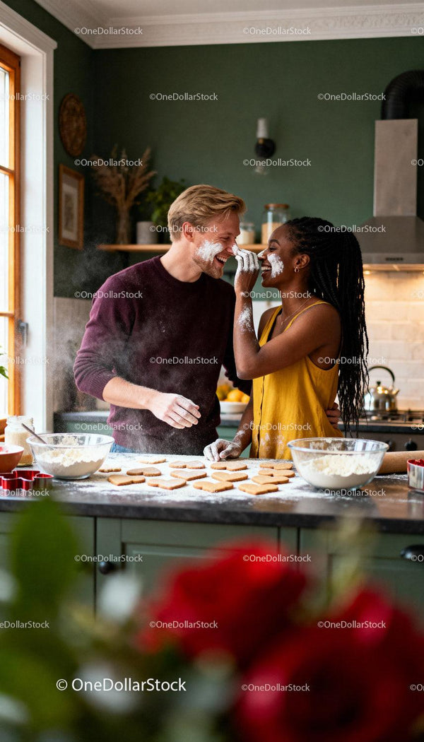 Couple Playfully Baking Heart Cookies in Cozy Kitchen