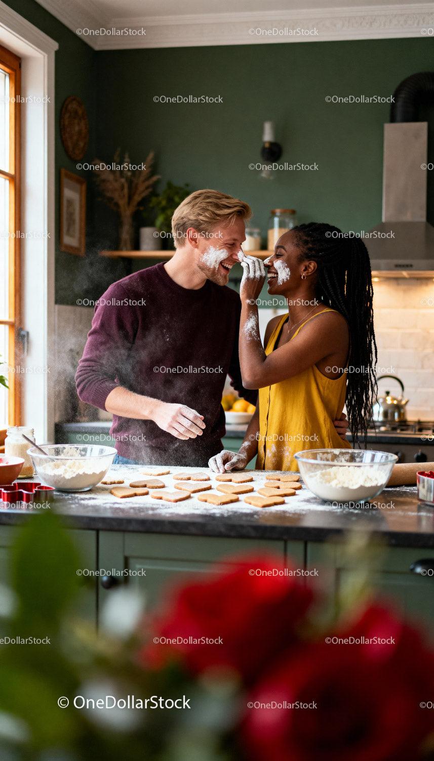 Couple Playfully Baking Heart Cookies in Cozy Kitchen