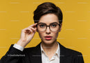 Stylish Businesswoman Wearing Glasses On Bright Yellow Background