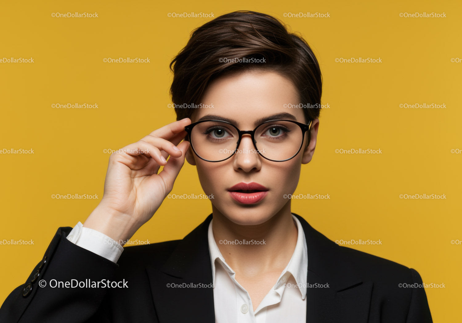 Stylish Businesswoman Wearing Glasses On Bright Yellow Background