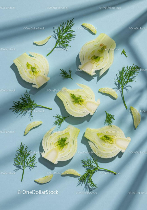 Fresh sliced fennel bulbs with dill sprigs on blue