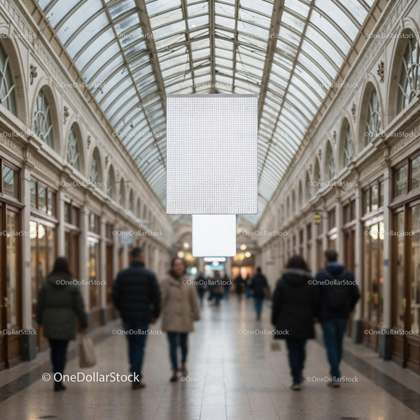 People walking in elegant glass-roofed shopping arcade JPG Mockup Image