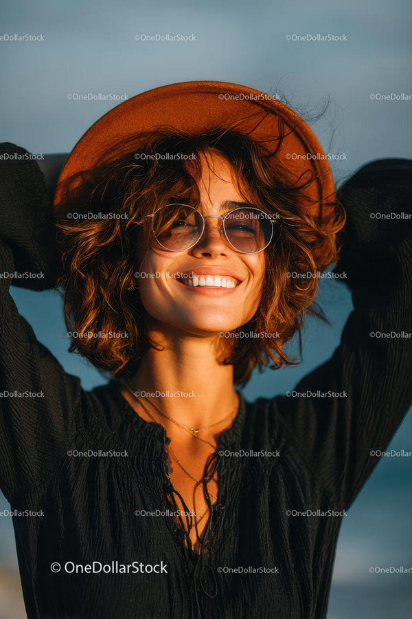 Smiling Woman Wearing Hat and Sunglasses Outdoors in Summer