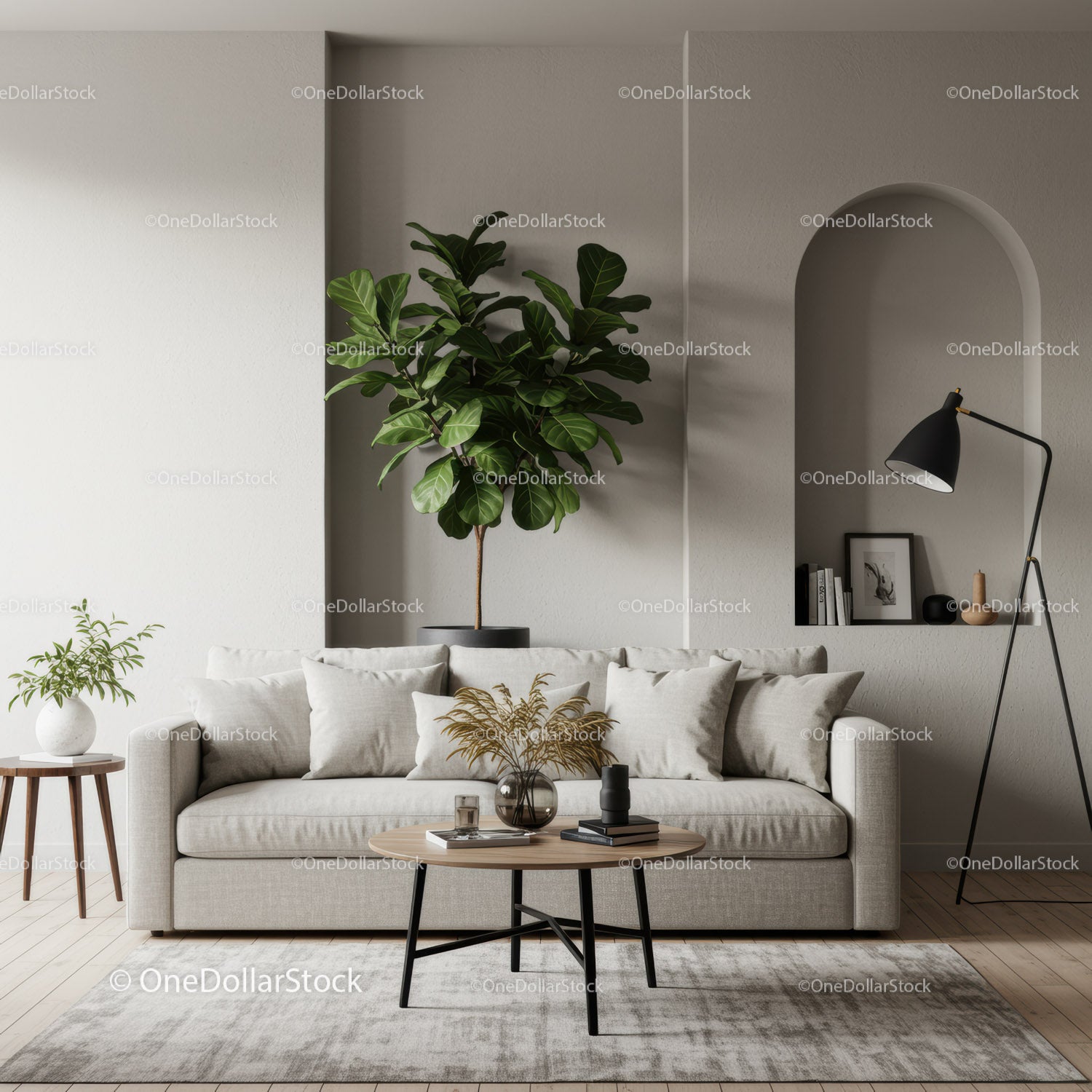 Przytulny, minimalistyczny salon z miękką beżową sofą i roślinami