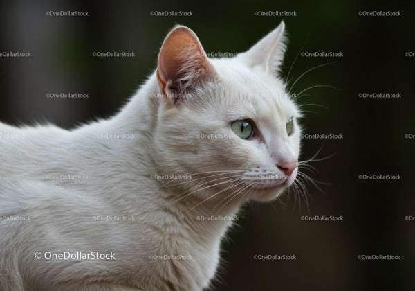 Close up of focused white cat with green eyes