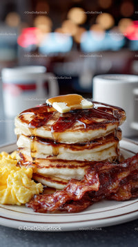 Stack of Fluffy Pancakes with Syrup and Bacon for Breakfast