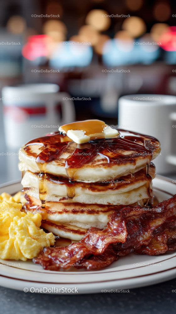 Stack of Fluffy Pancakes with Syrup and Bacon for Breakfast