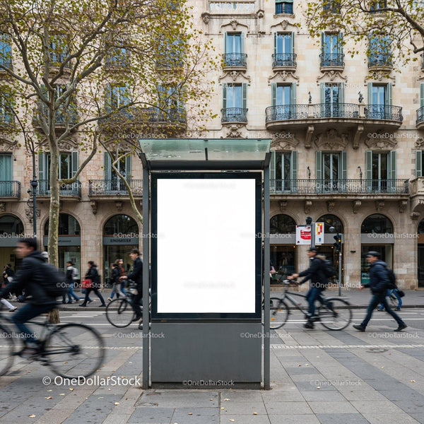 Blank urban billboard on busy street with cyclists JPG Mockup Image