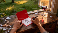 Writing a heartfelt love note by the open window at sunset