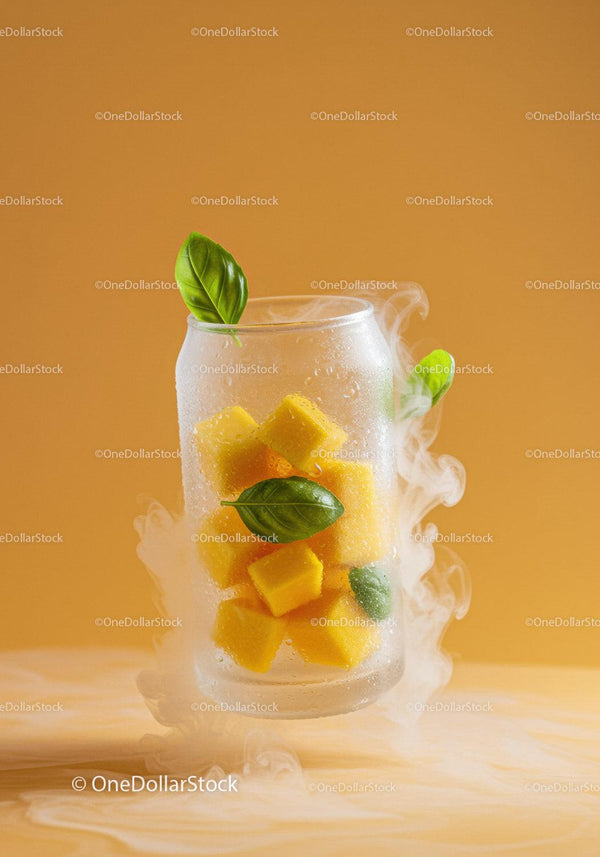 Frozen mango cubes with basil leaves in misty glass