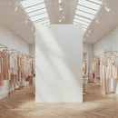 Minimalist boutique interior with beige fashion dresses