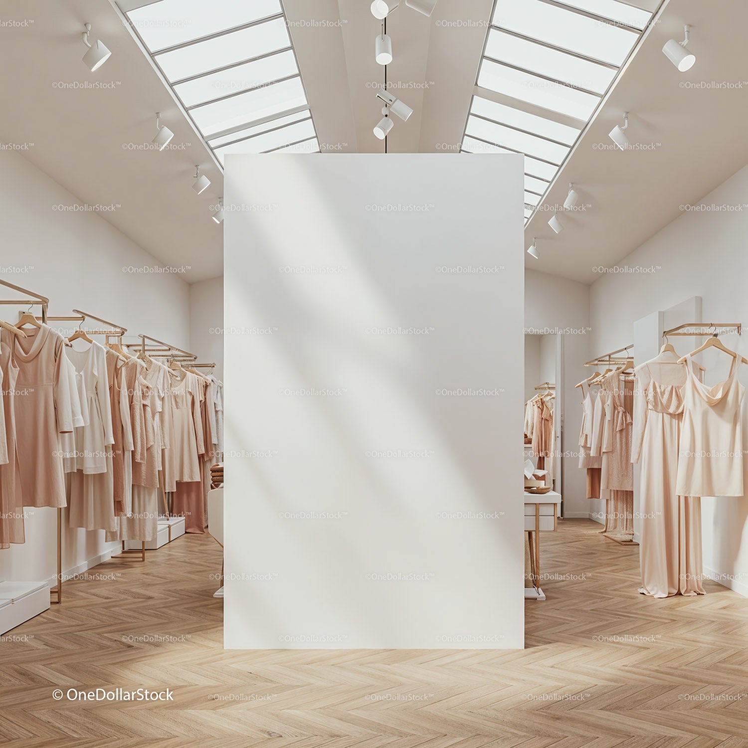 Minimalist boutique interior with beige fashion dresses