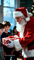 Santa Claus Giving Christmas Gift to Smiling Children