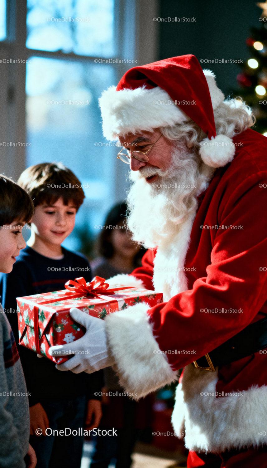Santa Claus Giving Christmas Gift to Smiling Children