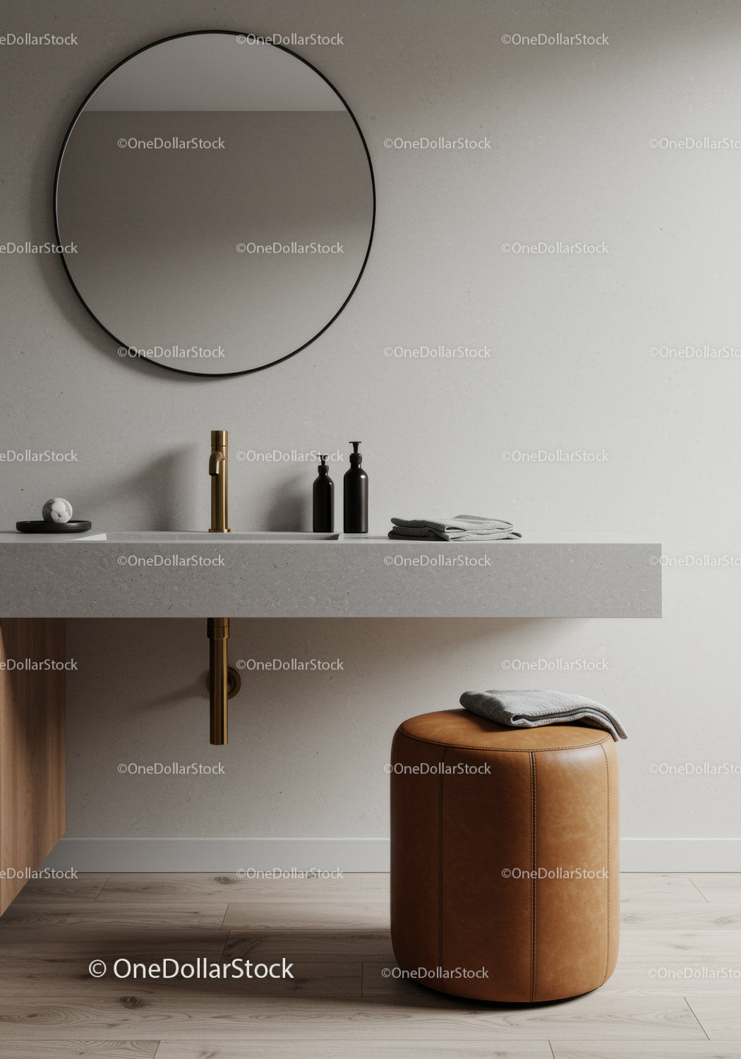 Elegancka, minimalistyczna łazienka z brązowym pufem i czarną armaturą